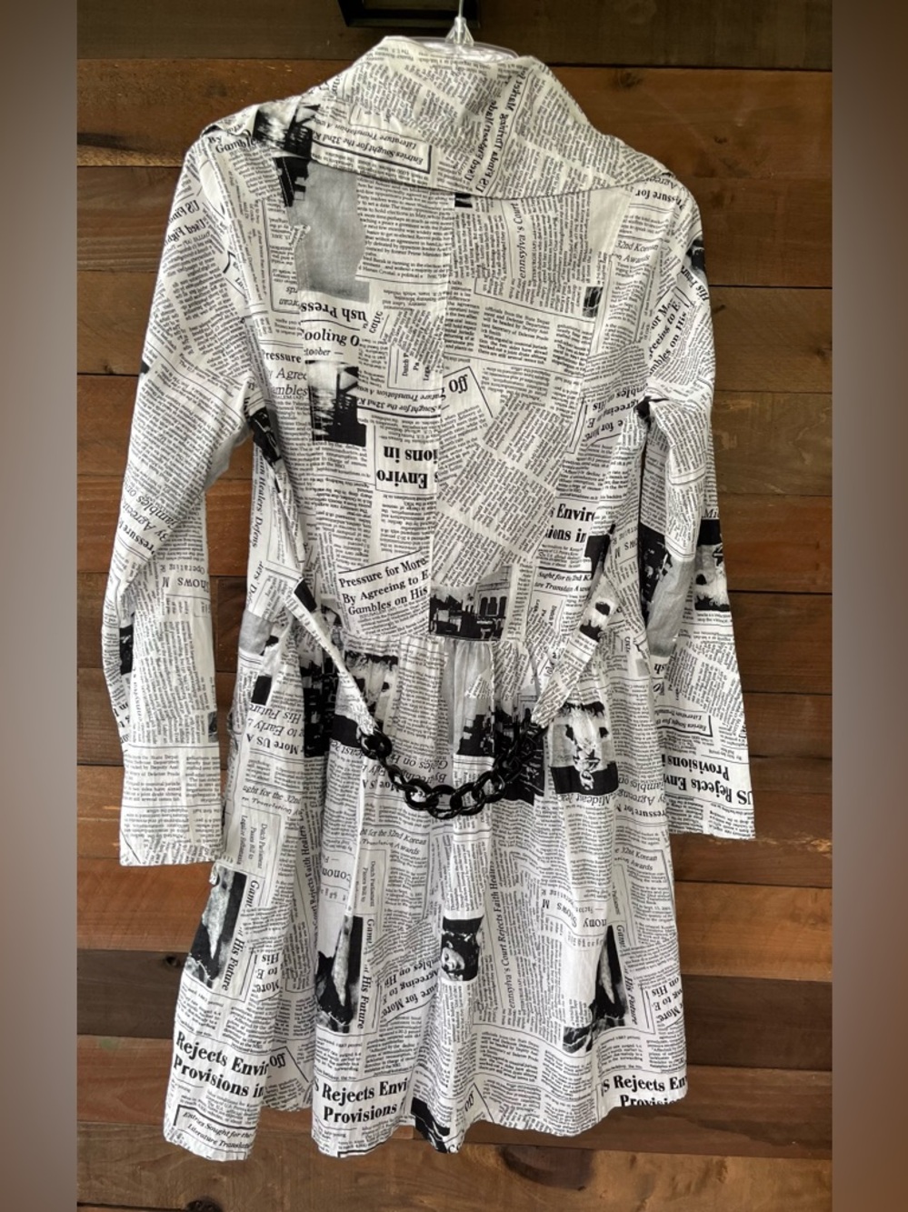 Unique 100% Cotton Newspaper Print Long Sleeve Button-up Dress - Black & White - Picture 2 of 12